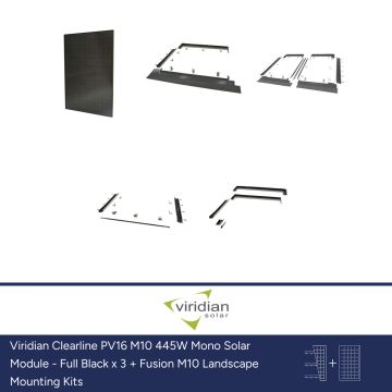 Viridian Clearline PV16 M10 445W Mono Solar Module - Full Black x 3 + Fusion M10 Landscape Mounting Kits