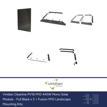 Viridian Clearline PV16 M10 445W Mono Solar Module - Full Black x 3 + Fusion M10 Landscape Mounting Kits