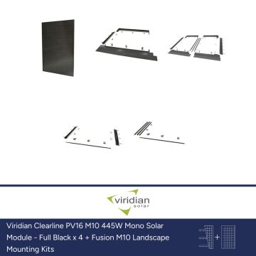 Viridian Clearline PV16 M10 445W Mono Solar Module - Full Black x 4 + Fusion M10 Landscape Mounting Kits