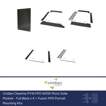 Viridian Clearline PV16 M10 445W Mono Solar Module - Full Black x 4 + Fusion M10 Portrait Mounting Kits