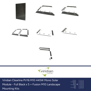 Viridian Clearline PV16 M10 445W Mono Solar Module - Full Black x 5 + Fusion M10 Landscape Mounting Kits