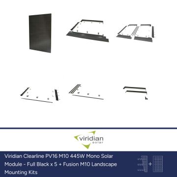 Viridian Clearline PV16 M10 445W Mono Solar Module - Full Black x 5 + Fusion M10 Landscape Mounting Kits